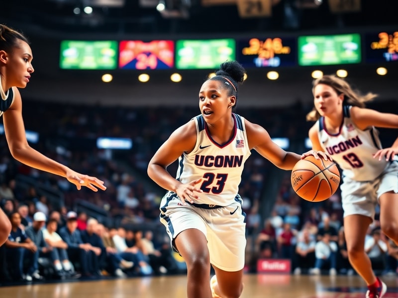 Olivia Nelson-Ododa in mid-action, wearing a UConn Huskies uniform, leaping for a rebound with determination and focus, surro