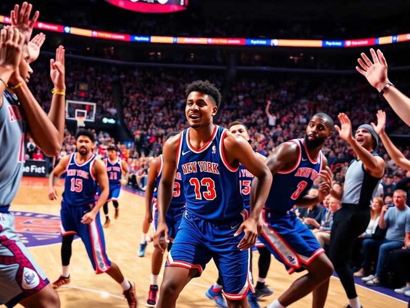 A dynamic action shot of the New York Knicks playing at Madison Square Garden, featuring key players like Jalen Brunson and J