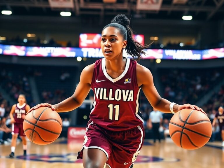 A dynamic action shot of Olivia Miles in a Notre Dame basketball uniform, mid-dribble on the court with a focused expression,