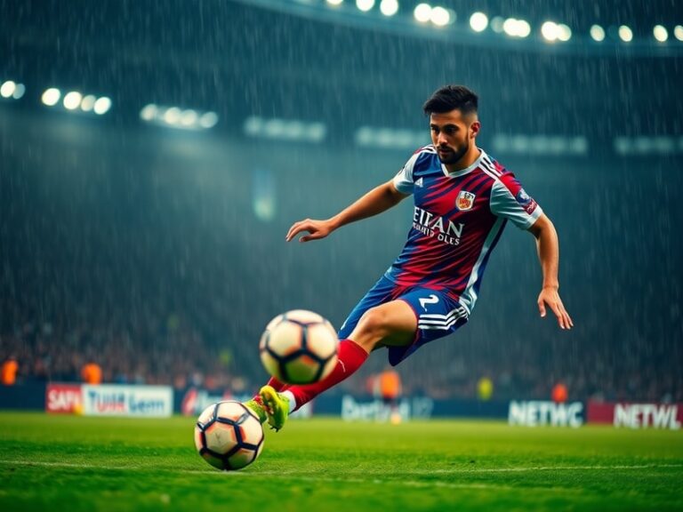 A dynamic action shot of Ferdi Kadıoğlu in Trabzonspor’s blue and red kit, sprinting down the right flank with the stadium bl