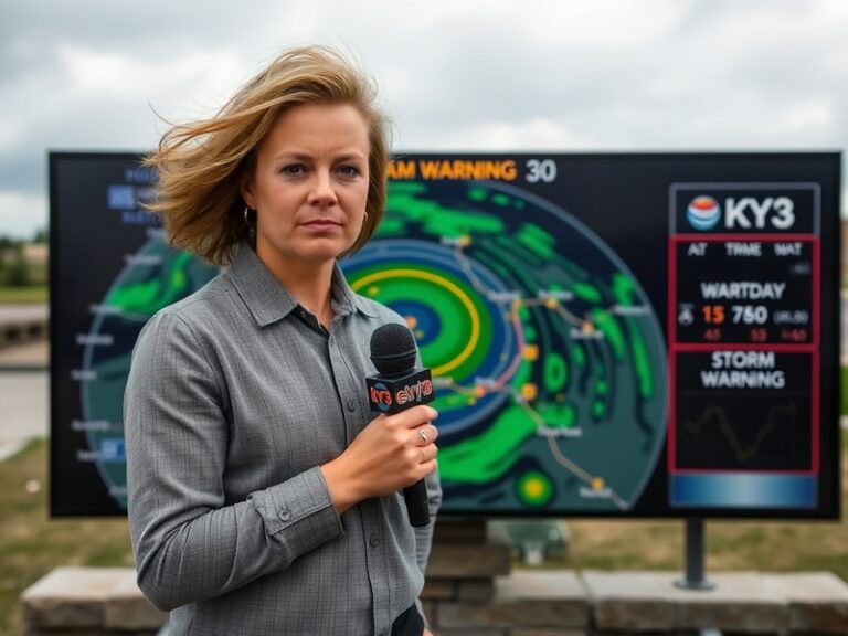 A professional meteorologist on KY3 News standing in front of a green screen radar map, pointing at a developing storm cell o