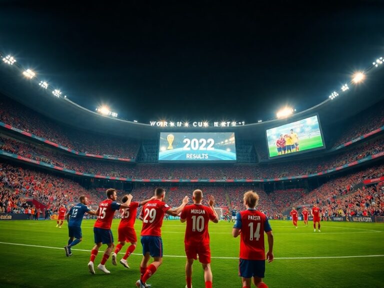 A vibrant stadium packed with cheering fans, featuring a jubilant player celebrating a goal with teammates in the background.