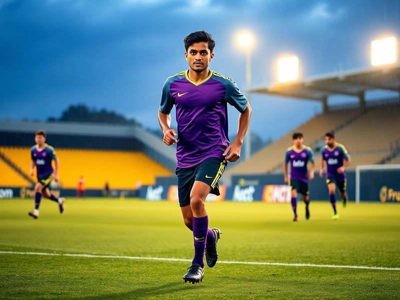Nishan Velupillay in action during a Port FC match in Bangkok, wearing the team's blue and white kit, with the vibrant stadiu