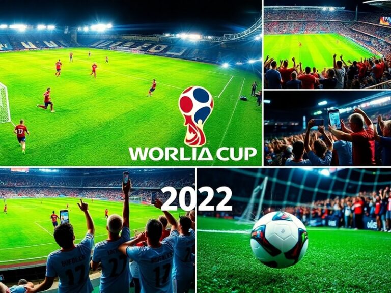 A vibrant stadium filled with cheering fans, surrounded by digital scoreboards displaying recent World Cup match results. The