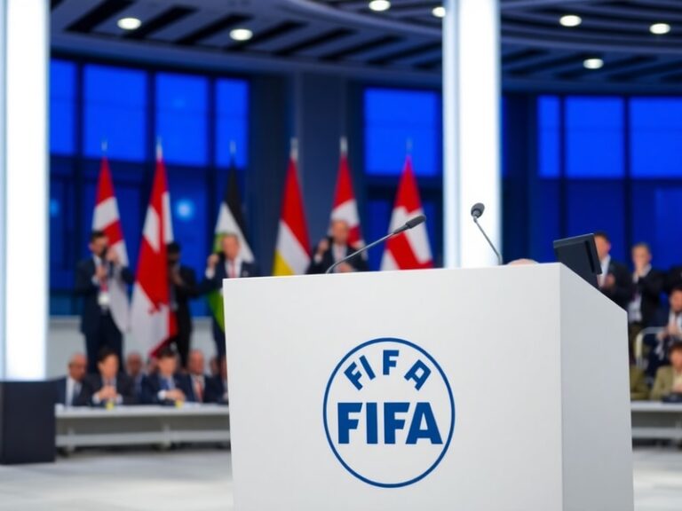 A formal portrait of Gianni Infantino speaking at a FIFA press conference, with a blurred background of a soccer stadium and