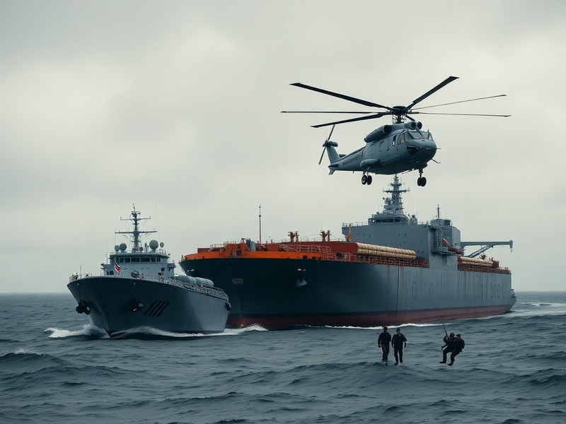 A Royal Navy patrol vessel intercepts a large Russian-flagged oil tanker in the North Sea, with maritime officers boarding th