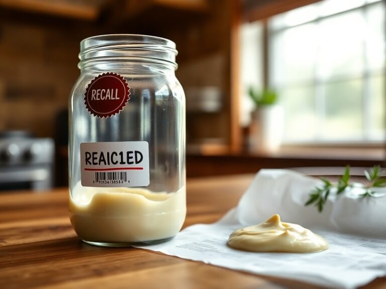 A split-image showing a contaminated food processing facility on one side with a close-up of Alfredo sauce in a bowl on the o
