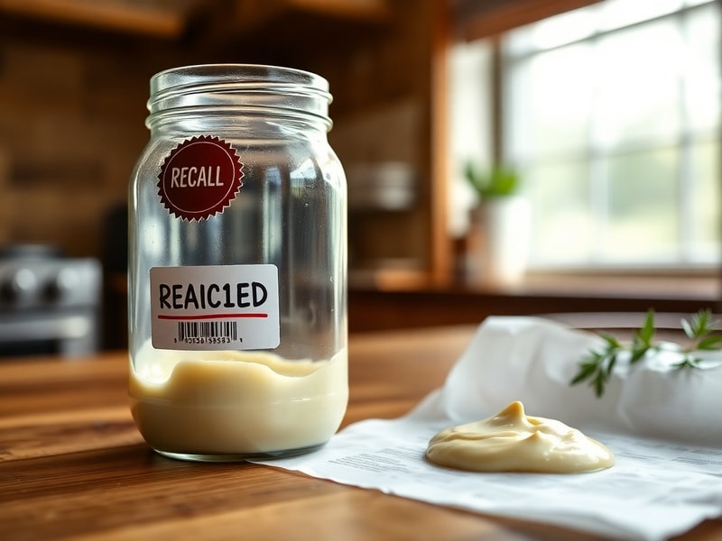 A split-image showing a contaminated food processing facility on one side with a close-up of Alfredo sauce in a bowl on the o