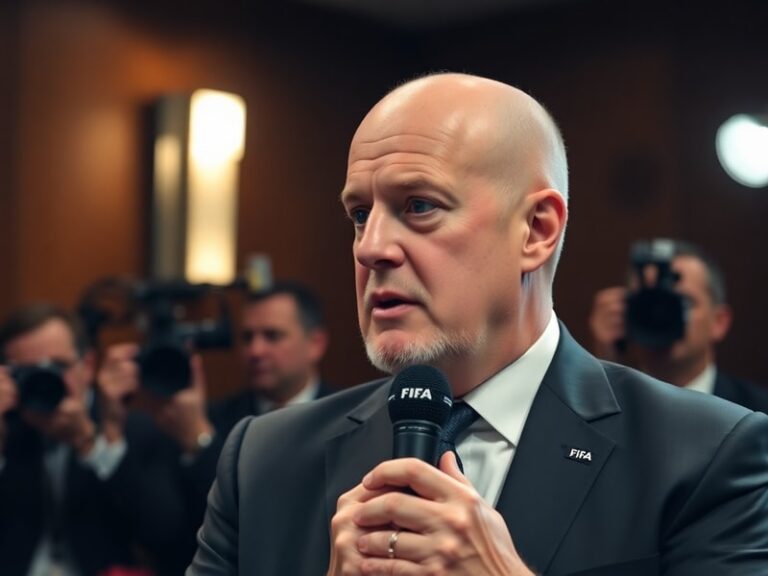 A high-profile press conference where FIFA President Gianni Infantino speaks at a podium with FIFA and World Cup logos visibl