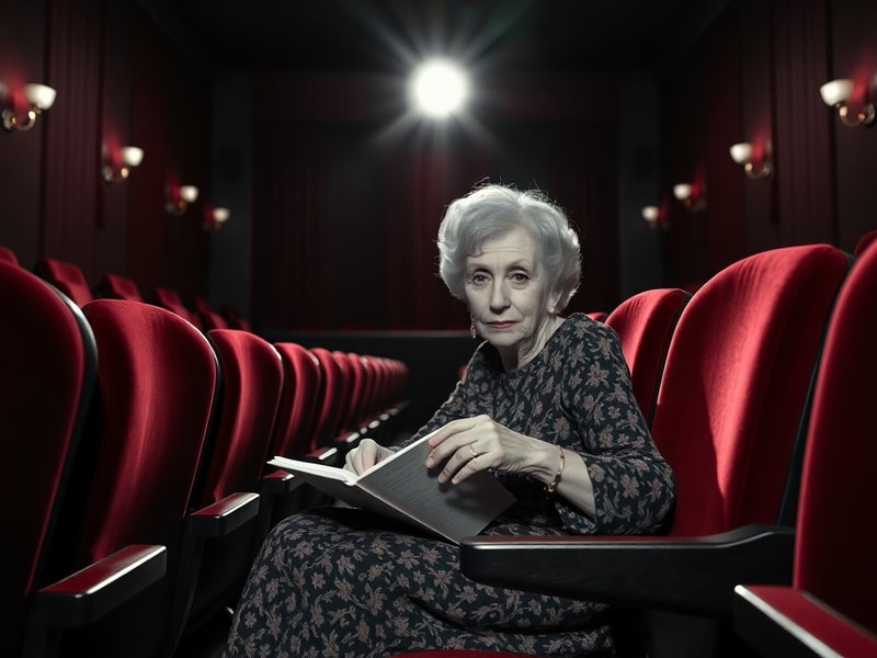 A professional portrait of Barbara Flynn in a creative studio setting, surrounded by scripts, storyboards, and vintage film r