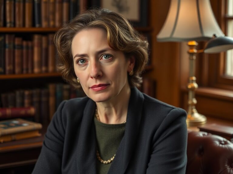 A professional headshot of Anna Maxwell Martin in a modern, elegant setting with soft lighting, wearing a stylish outfit that
