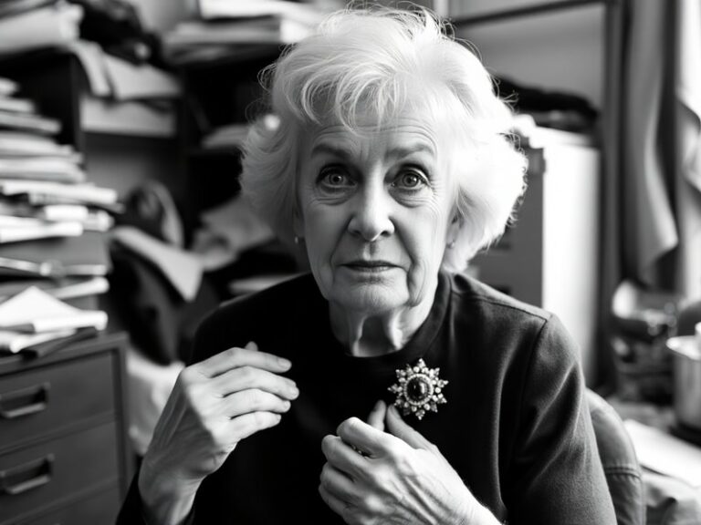 A professional portrait of Barbara Flynn in her 70s, wearing a dark blazer and glasses, standing in a softly lit theater hall