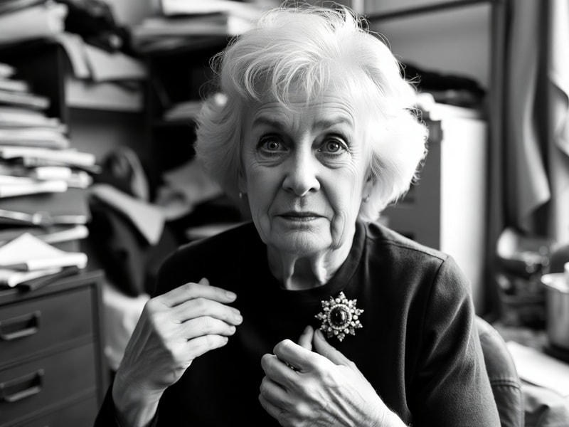 A professional portrait of Barbara Flynn in her 70s, wearing a dark blazer and glasses, standing in a softly lit theater hall