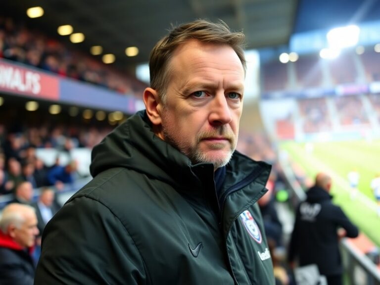 A dynamic photo of Derek McInnes on the Rangers FC touchline, wearing a dark blue tactical jacket and looking focused during