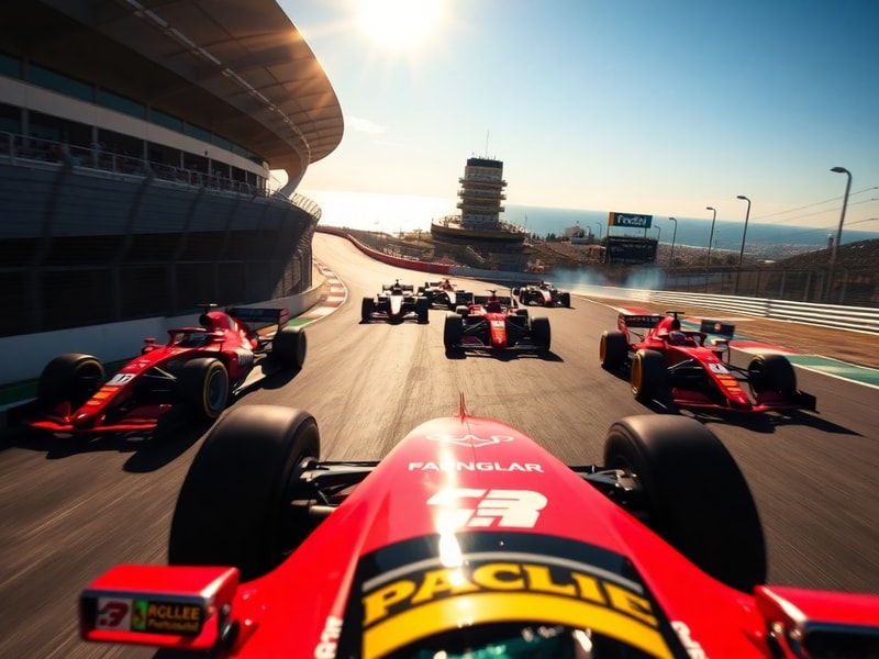 A high-speed shot of Formula 1 cars navigating the Barcelona GP circuit, with the leading car in sharp focus against a blurre