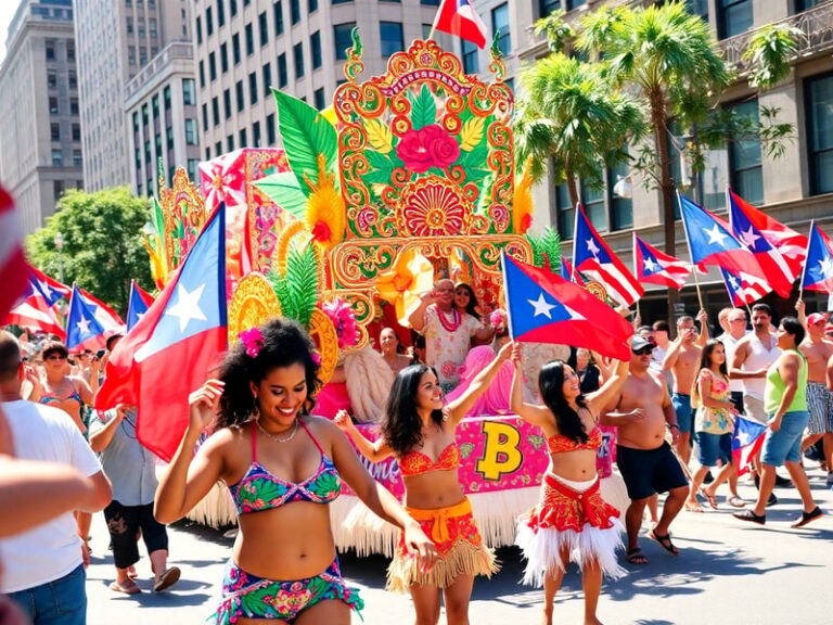 A vibrant aerial view of the Puerto Rican Day Parade along Fifth Avenue in NYC, with colorful floats, dancers in traditional