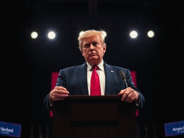 A split-image illustration showing Donald Trump at a podium on one side, looking energetic, and an older, contemplative figur