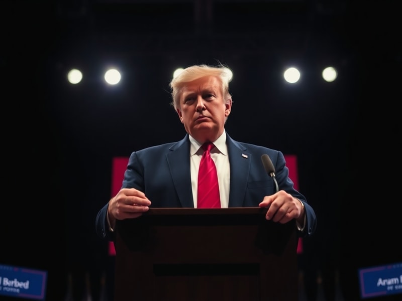 A split-image illustration showing Donald Trump at a podium on one side, looking energetic, and an older, contemplative figur