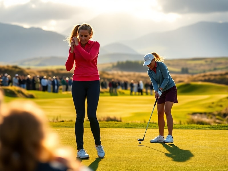 A vibrant scene from a Curtis Cup match with two teams of young female golfers in colorful attire on a lush green course, spe
