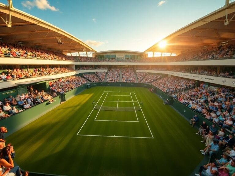 A vibrant aerial view of Wimbledon’s Centre Court during a sunny match day, showing lush green grass, packed stands, and the