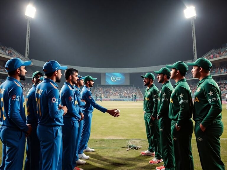 A split-image visual showing a cricket stadium filled with cheering fans on one side and a political map of India and Pakista