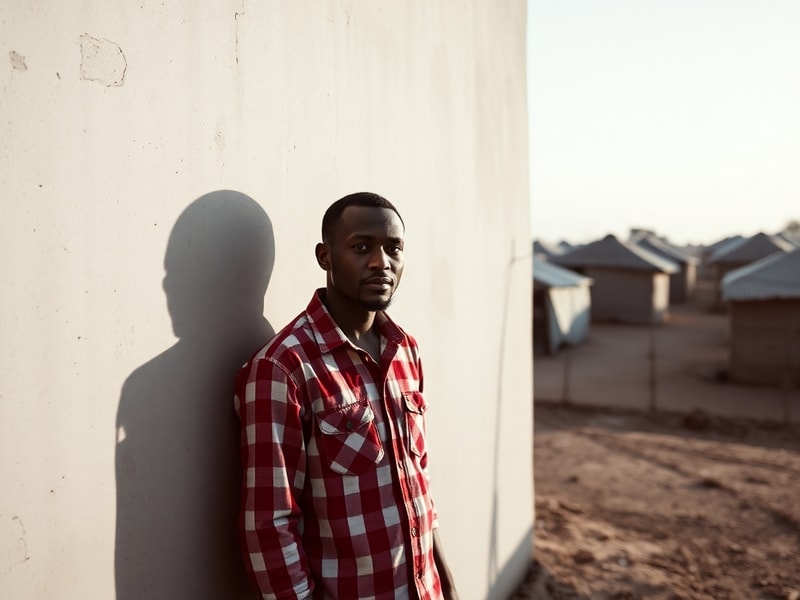 A candid portrait of Omar Artan speaking at a public event, with a backdrop of Somali and American flags. The setting is a co