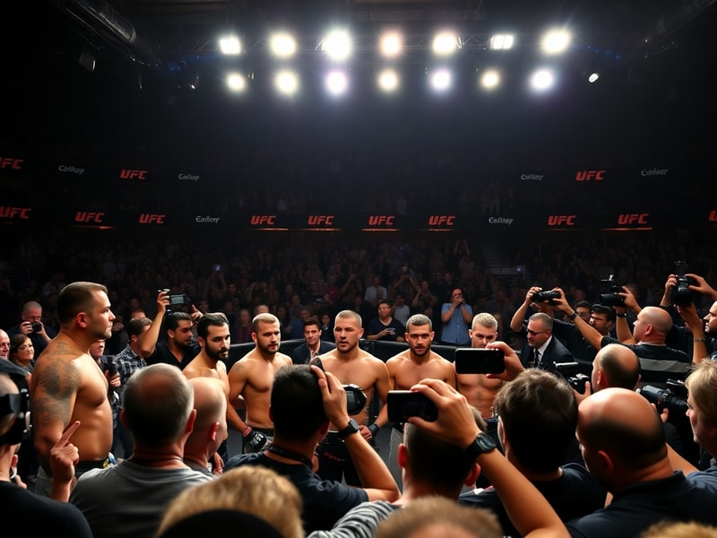 A brightly lit UFC octagon with two fighters entering the cage, surrounded by a sold-out crowd and vibrant LED lighting. The