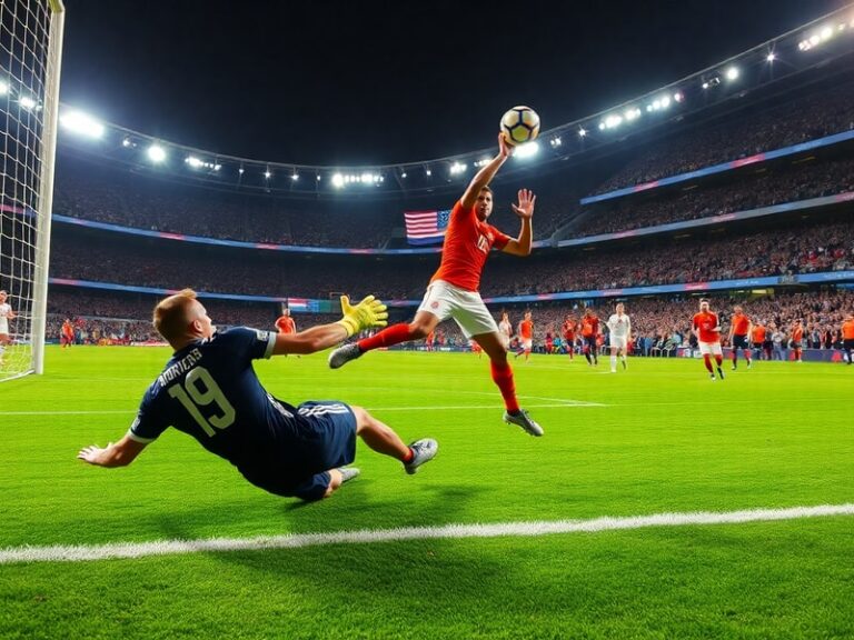 A dynamic action shot of two footballers in mid-tackle, one in the USA jersey and one in the Netherlands jersey, with a stadi