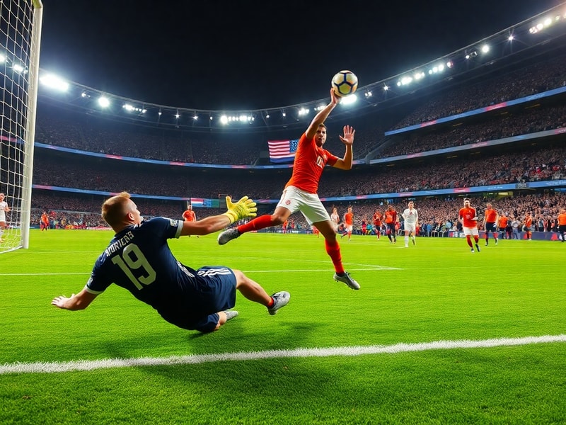 A dynamic action shot of two footballers in mid-tackle, one in the USA jersey and one in the Netherlands jersey, with a stadi