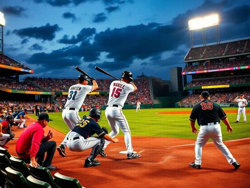 A night baseball game at loanDepot Park, Miami. Sandy Alcantara pitches for the Marlins while Mitch Keller of the Pirates pre