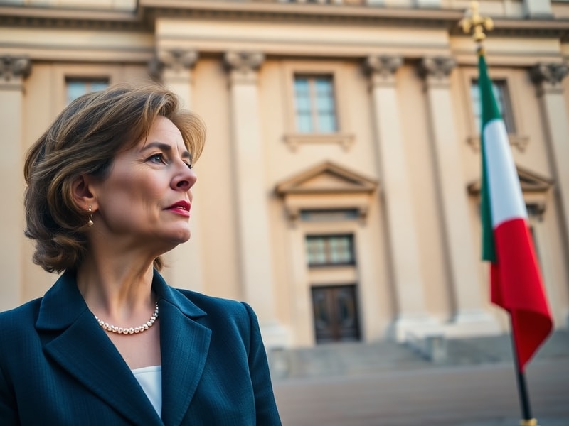 A professional portrait of Giorgia Meloni speaking at a podium, with Italian and European Union flags in the background. The