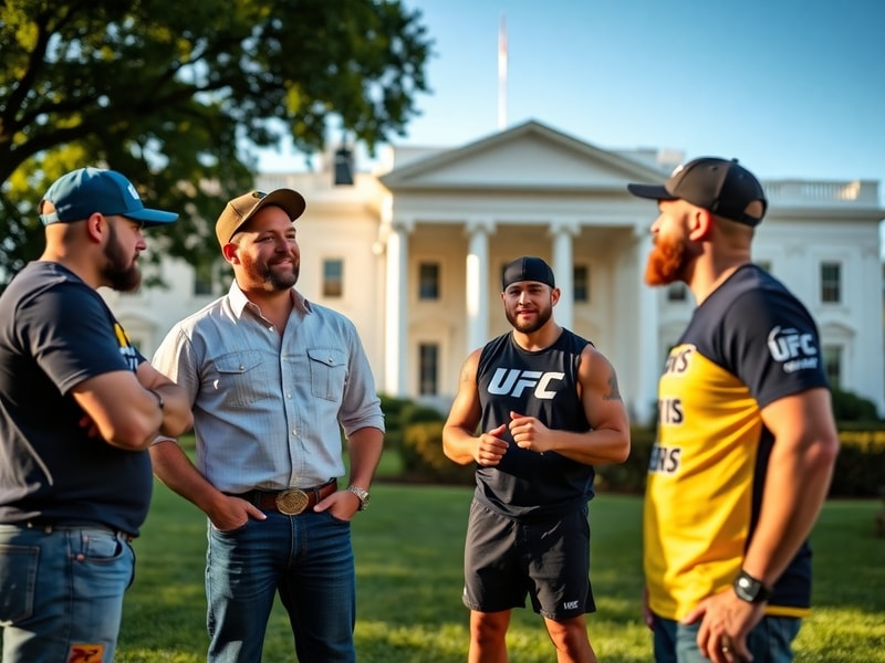 A split-image visual: on one side, Zac Brown in a suit speaking with White House officials; on the other, a UFC octagon with