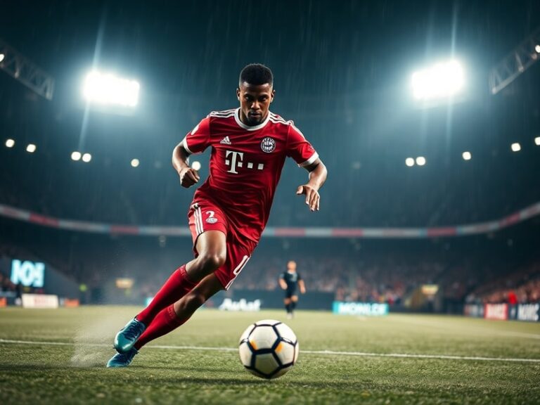 A dynamic action shot of Jamal Musiala in Bayern Munich's kit, mid-dribble with a focused expression, set against a blurred s