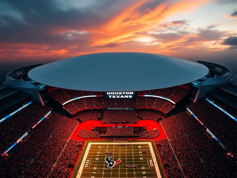 A panoramic view of NRG Stadium in Houston during a nighttime event, showcasing the illuminated retractable roof and bustling