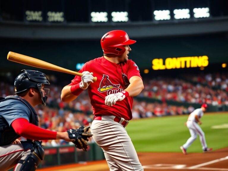 A split-screen image of a Cardinals pitcher mid-delivery on the left and a Twins slugger at bat on the right, with Busch Stad