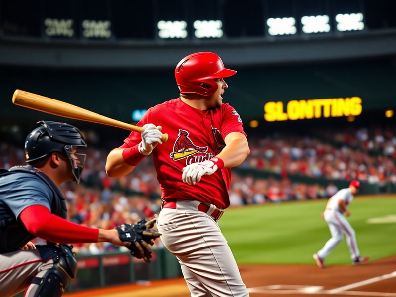 A split-screen image of a Cardinals pitcher mid-delivery on the left and a Twins slugger at bat on the right, with Busch Stad
