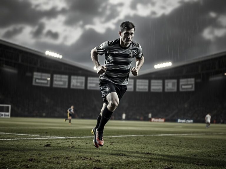 A dynamic action shot of Niclas Schlotterbeck in a Borussia Dortmund jersey, sprinting during a Bundesliga match, with blurre