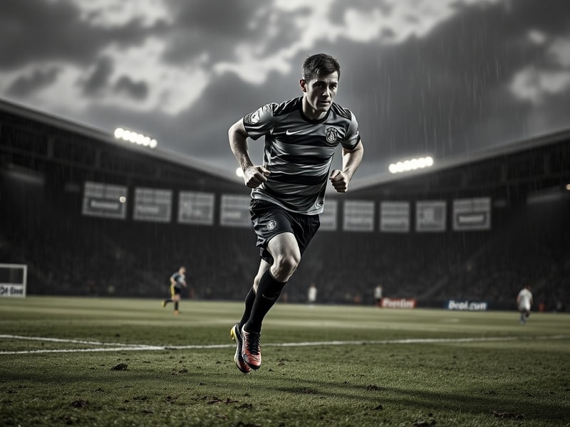 A dynamic action shot of Niclas Schlotterbeck in a Borussia Dortmund jersey, sprinting during a Bundesliga match, with blurre