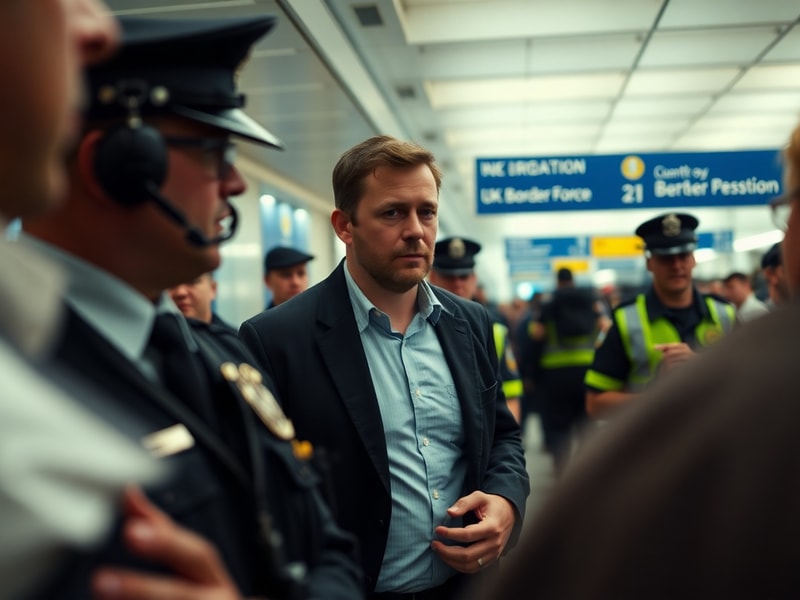 A split-image composition showing Tommy Robinson on one side with airport officials in the background on the other, represent