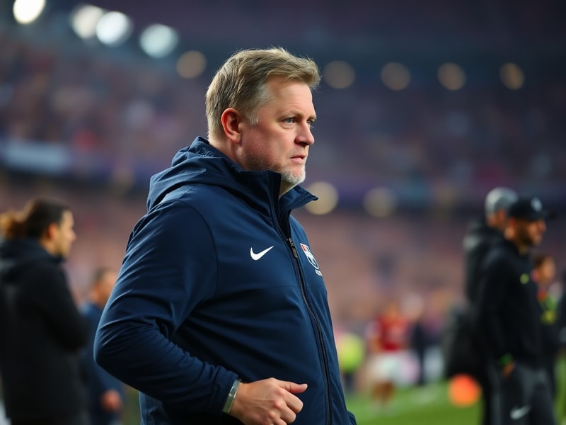 A mid-career portrait of Ronald Koeman in a Barcelona tracksuit, standing on the touchline with a focused expression, capturi