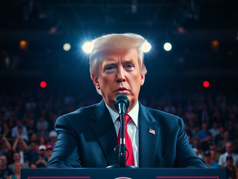 A split-image illustration showing Donald Trump speaking to a large crowd on one side, symbolizing his base support, and a di