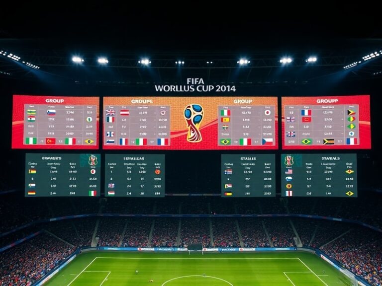 A vibrant stadium filled with fans, with a large screen displaying the World Cup groups draw. The scene is electric, with con