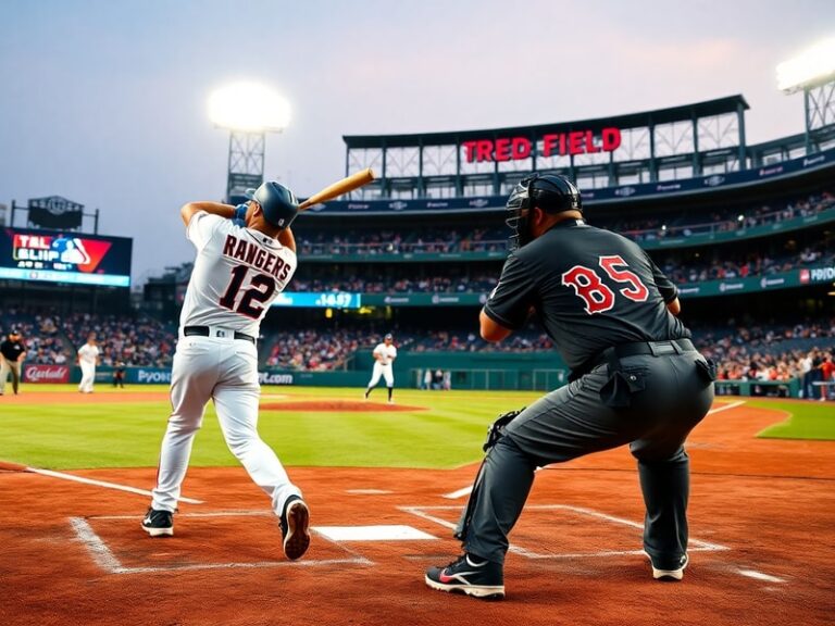 A split-screen image of Fenway Park in Boston and Globe Life Field in Arlington, Texas, with both stadiums packed during a ga