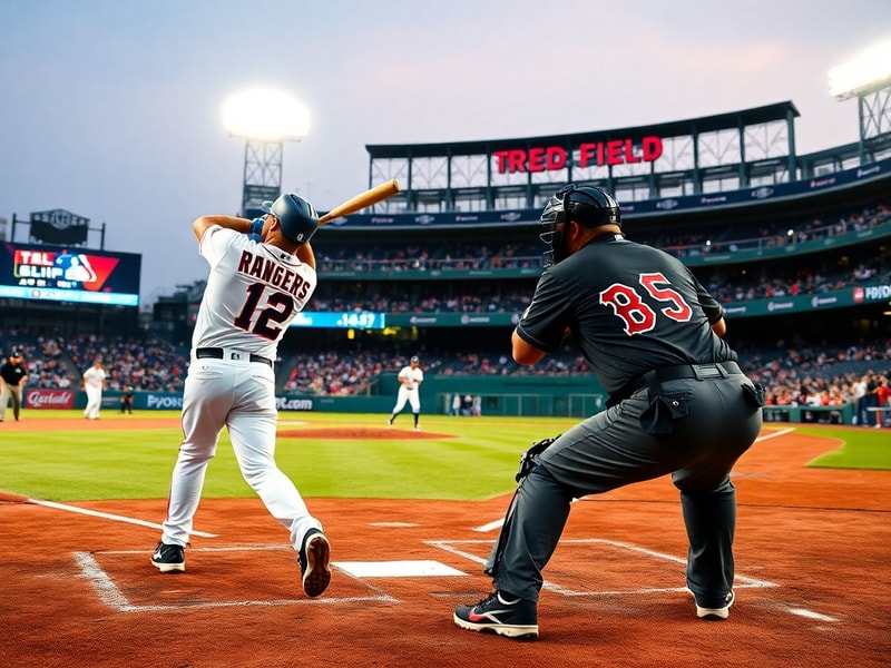 A split-screen image of Fenway Park in Boston and Globe Life Field in Arlington, Texas, with both stadiums packed during a ga