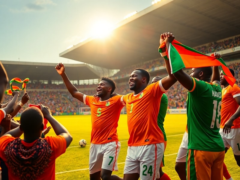 A vibrant stadium scene with Ivory Coast players celebrating a goal, wearing their iconic orange jerseys, surrounded by jubil
