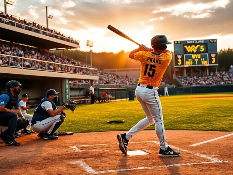 A dynamic baseball scene at WVU's home stadium, featuring the Mountaineers in navy and gold uniforms during a key game. The b