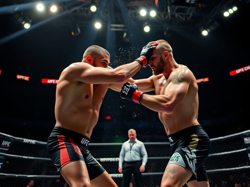 A high-energy action shot inside the Octagon at UFC 329, featuring Tom Aspinall and Jairzinho Rozenstruik mid-fight, with the