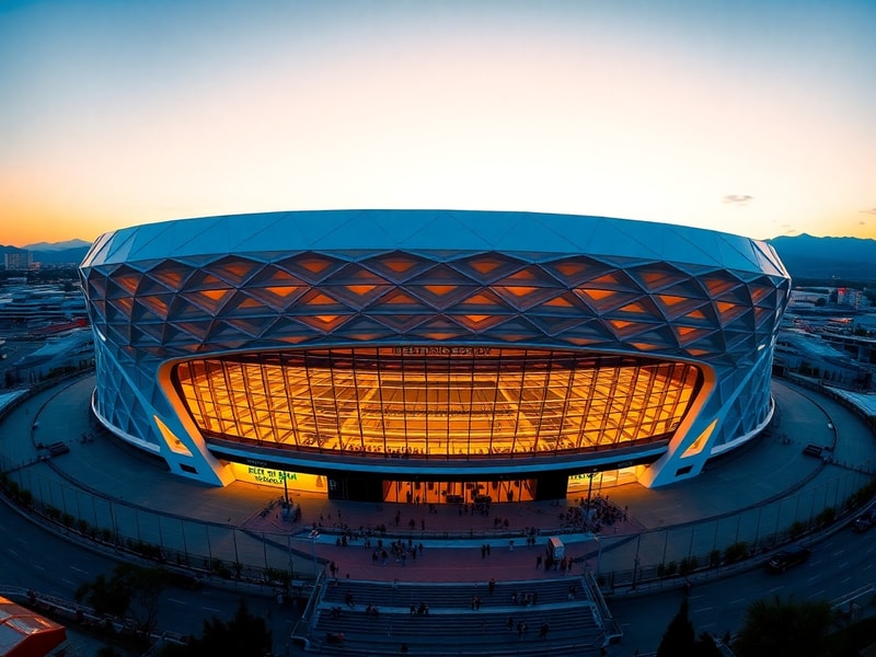 A panoramic view of Estadio BBVA at dusk, showcasing its sleek, modern design with the undulating roof illuminated against a