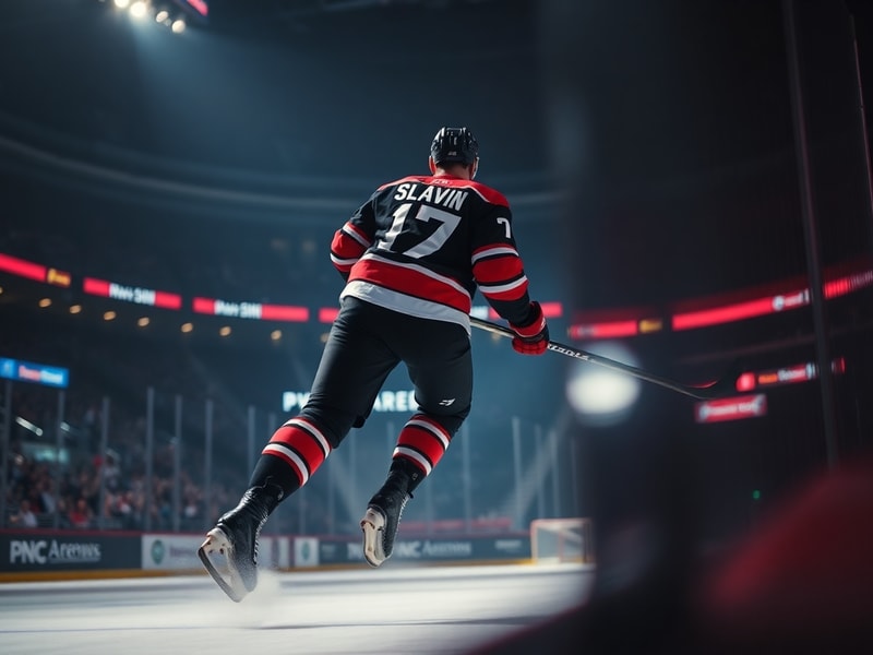 A focused action shot of Jaccob Slavin in a Carolina Hurricanes jersey, skating on the ice during a game with a determined ex