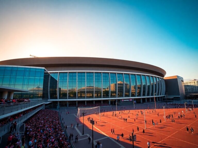 A vibrant exterior shot of Estadio Monterrey at dusk, showcasing its wave-like metal panels illuminated by colorful LED light